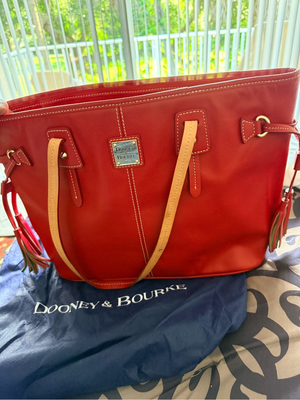 Dooney & Bourke Red Tote with Tan and Red Handles and Tassel Charm